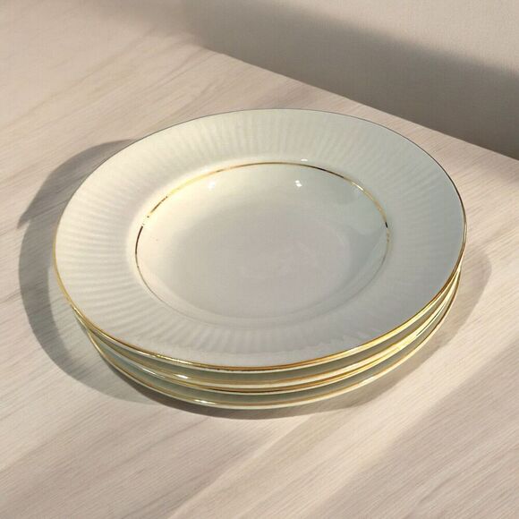 Gibson Black Tie White Soup Salad Bowls Gold Trim Ribbed Rim 8 5/8" Set of 4 - Picture 6 of 6